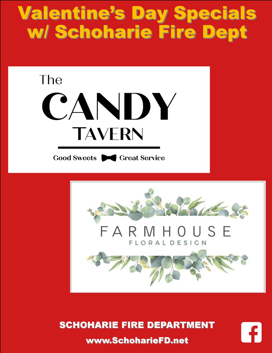 #ValentinesDay specials brought you by the Schoharie #FireDepartment! Shop local and part of the proceeds will be donated back to our department. For more info, please check out our Facebook page.

facebook.com/SchoharieFire/

#SchoharieFire
#SchoharieFD
#shoplocal