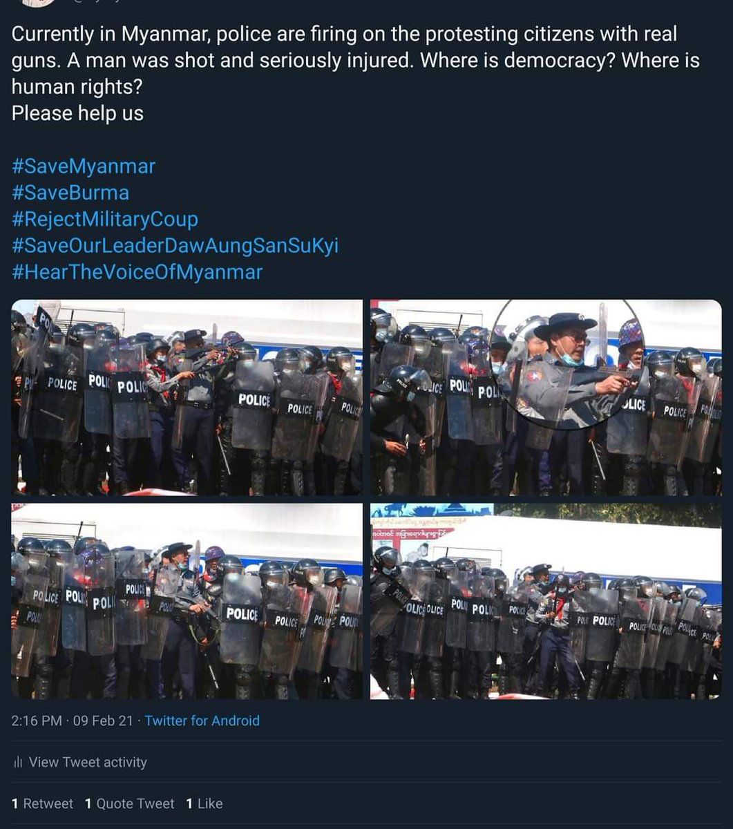 Currently in Myanmar, police are firing on the protesting citizens with real guns. Some protesters were shot and seriously injured. Where is democracy? Where is human rights?
Please help us
9.2
#SaveMyanmar 
#RejectMilitaryCoup
#SaveOurLeaderDawAungSanSuKyi
#HearTheVoiceOfMyanmar