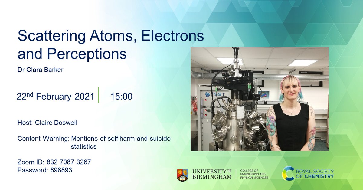 claire_codes_'s tweet photo. The second installment in the Identifying Barriers In STEM seminar series will be Dr Clara Barker giving a talk entitled 'Scattering Atoms, Electrons and Perceptions'.
#Inclusion #Diversity #STEM #AcademicTwitter #BarriersInSTEM https://t.co/7TlQ49sElJ