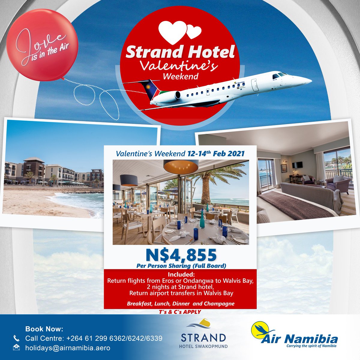 airnamibia1's tweet photo. Air Namibia - Strand Hotel Valentine weekend special
#airnamibia #domesticflights #namibia #traveldaily #namibia #valentinesday2021 https://t.co/eke09wc9eE
