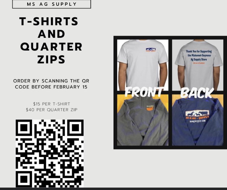mshs_ag's tweet image. Looking for a way to wear Bulldog Pride and support student scholarships? The store directors developed these awesome tee $15 and 1/4 zip designs $40 to support their scholarship funds. Use the QR code below or email jwherley@ms.k12.il.us to order before 2/15