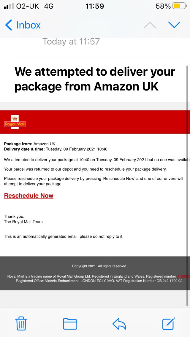 tweety6380's tweet photo. @RoyalMailHelp Scam email circulating?? https://t.co/00R7Q28T6Y