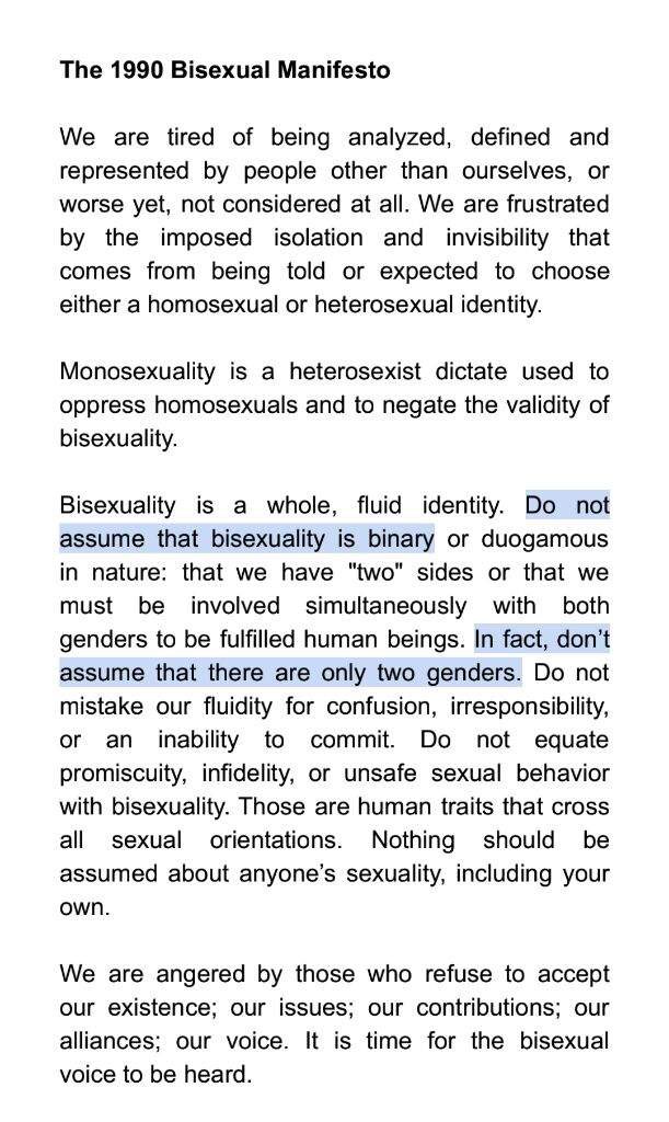 To set the stage, we need to hop into our wibbly-wobbly, timey wimey machine and go back 31 years, to 1990. In that year the first Bisexual Manifesto was published. It codified how most Bi communities had long seen ourselves & our relation to trans folks.