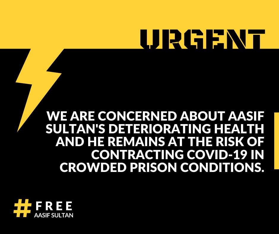 We are distraught at Aasif Sultan's deteriorating health. While the world is getting vaccinated against COVID-19, the conditions inside Srinagar Central Jail remain horrifying for the prisoners who are at a higher risk of contracting the virus. #FreeAasifSultan