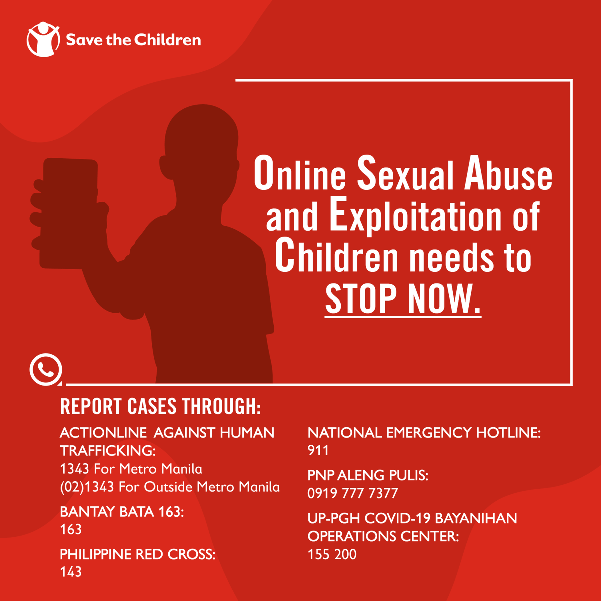 SaveChildrenPH's tweet image. This #SaferInternetDay, commit to make the internet safer for kids! Report cases of online sexual abuse and exploitation of children (OSAEC) through these numbers. Use your social media platforms to raise awareness about #OSAEC. Learn more at saferkidsph.org
#SaferKidsPH