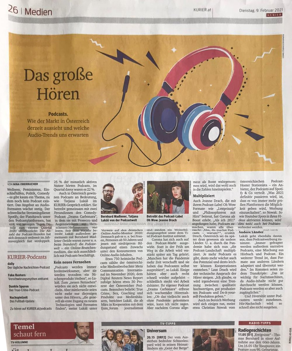 "Podcasts. Wie der Markt in Österreich derzeit aussieht und welche Audio-Trends uns erwarten", feat. u.a. <a href="/TatjanaLaut/">Tatjana Lukáš</a>, <a href="/MadlenerB/">Bernhard Madlener</a> &amp; Jeanne Drach von <a href="/OHWOW_EU/">OH WOW Podcasts</a> 

Danke an <a href="/zlouma/">Marko Zlousic</a> für das coole #Podcastwelt-Redaktionsfoto :-)