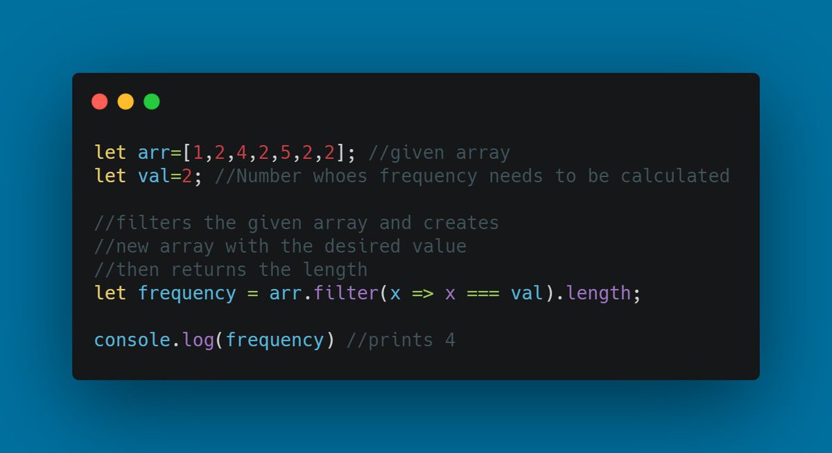 ___prithvi's tweet photo. Javascript Tip: Finding the frequency of a value from an Array.
#CodeNewbies #DEVCommunity #100DaysOfCode https://t.co/uf6TQnjZXf