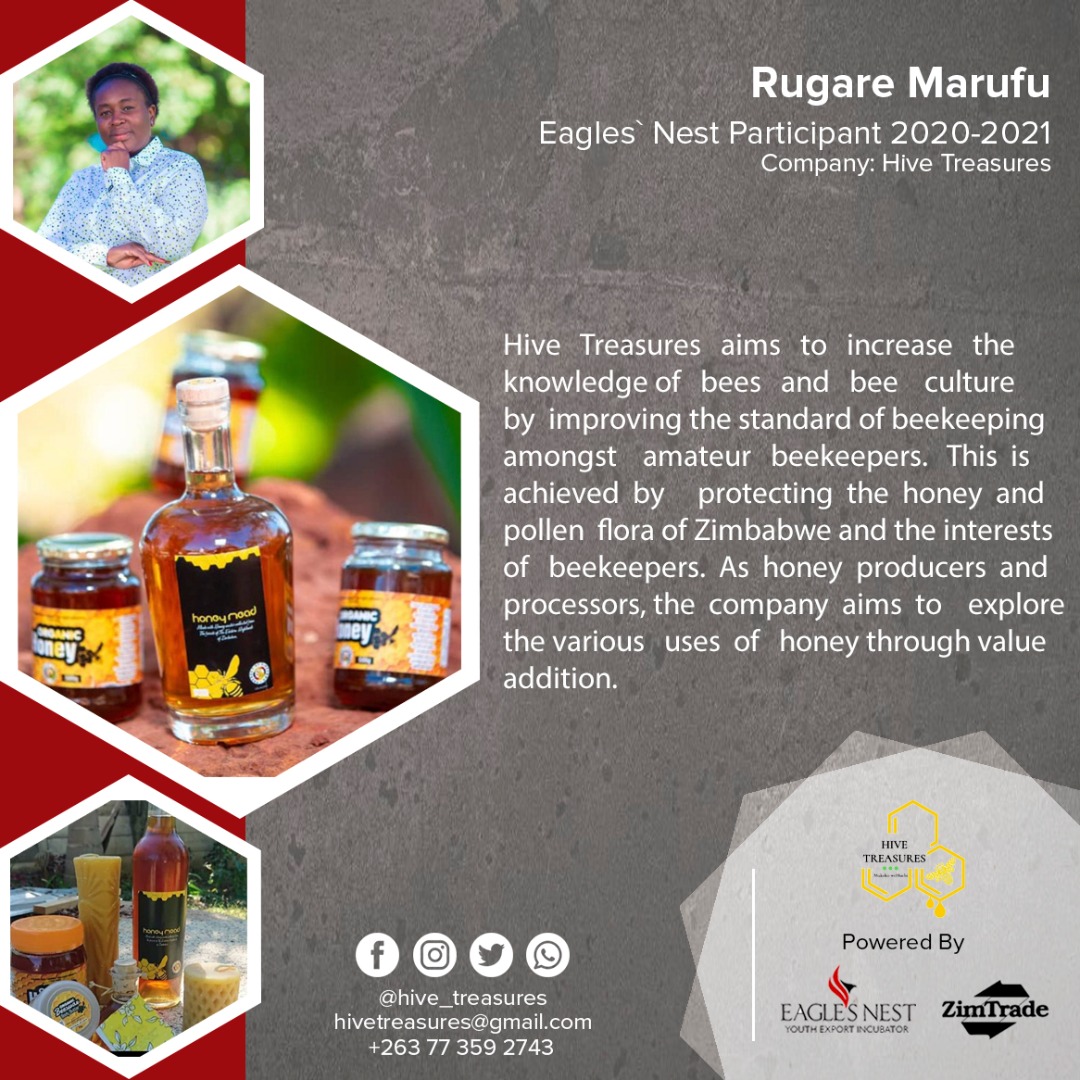 ZimTradeAlerts's tweet photo. We are delighted to introduce to you Rugare Marufu, founder of @OrganicHoney4 &amp; Eagles' Nest Participant 2020-2021. As a young business owner, Rugare aims to   increase the visibility of Zim 🇿🇼produced honey products in regional &amp; international export markets #YoungPeopleTrade https://t.co/EY2Q0vs1d6