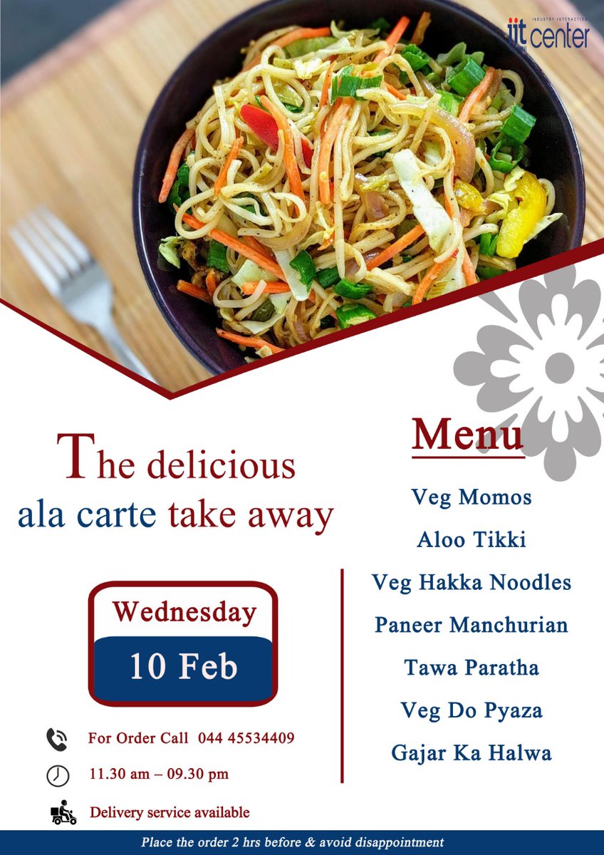 The delicious ala carte takeaway menu for Wednesday - 10th February

#alacarte #deliciousalacarte #wednesdaymenu #eatout #deliciousfood #takeaway #iitalumnichennai #iitaiic #iitalumnies #alumnigathering