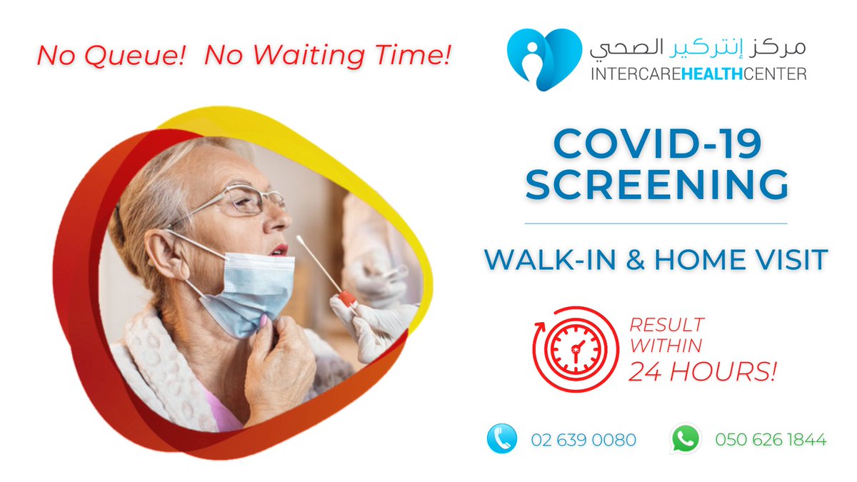 IHCUAE's tweet photo. AVAILABLE NOW!

WALK-IN &amp; HOME VISIT COVID-19 SCREENING!

Get tested now and result within 24 hours! 

Call us on 02 639 0080 and 050 626 1844.

#COVID19 #COVID19Screening #COVID19ScreeninginAbuDhabi #COVID19ScreeninginUAE  #COVID19Test #PCRTest #AbuDhabi #UAE https://t.co/2e2eI39hc5
