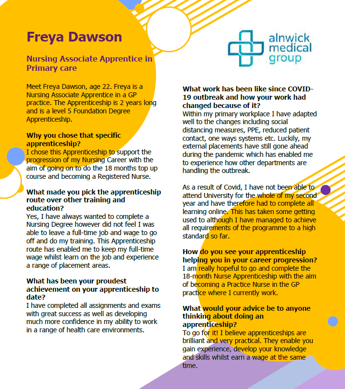 Did you know that NHS apprentices aren’t only employed in hospitals? We have lots of apprentices in primary care too. Meet Fraya Dawson, a Nursing Associate Apprentice at Alnwick Medical Group. @NHSNlandCCG #NAW2021 #BuildTheFuture @AANNorthEast @Young6Lesley @NHSHEE_NEY