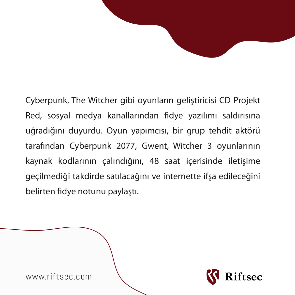 riftsec's tweet photo. Oyun geliştiricisi CD Projekt Red, fidye saldırısına uğradığını belirten duyuru yayınladı. Bırakılan fidye notunda 48 saat içerisinde iletişime geçilmezse oyunların kaynak kodlarının  paylaşılacağı belirtiliyor.
•
 #ransomware #cyberpunk2077 #cdprojektred https://t.co/gXycCfRLWR