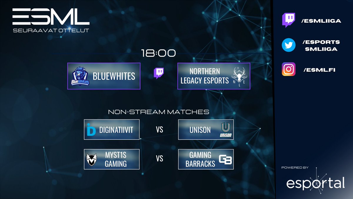 Liigaviikko numero 4 pyörähtää käyntiin tänään!🔥

🖥️Twitch.tv/Esmliiga
⏰18.00

Illan pelit:

<a href="/BlueWhites/">BlueWhites</a> - <a href="/northern_legacy/">NLEFI</a> 
<a href="/Diginatiivit/">Diginatiivit</a> - <a href="/UNISONWIN/">UNISON</a> 
<a href="/Myst1sGaming/">Myst1s Gaming</a> AC - <a href="/Gaming_Barracks/">Gaming Barracks</a> 

Illan lähetysottelun anaalysi:
tl.gd/n_1srj48m

#esportsfi #csgofi #esml