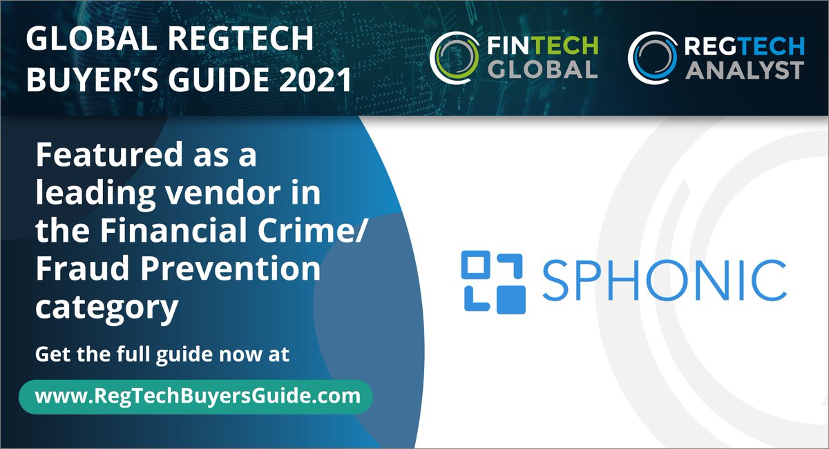 sphonic's tweet image. Very excited to be featured in the #RegTechBuyersGuide brilliantly put together by @Fintech_Global  &amp;amp; @RegTechAnalyst  as one of the leading 45 #RegTech solutions in the industry . You can get hold of the guide here... RegTechBuyersGuide.com #AML #KYC #KYB #Fraud #FinancialCrime