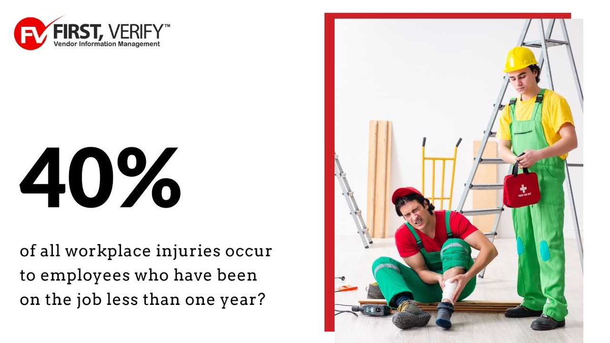 FIRSTVERIFY's tweet photo. Did you know that approximately 40% of all workplace injuries occur to employees who have been on the job less than one year? That is why New hire #safetytraining orientation is the most important thing to implement. Learn more: https://t.co/jSuyq1NN8U
#remotesafety https://t.co/z1ZFslXXGw