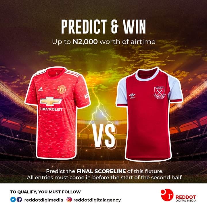 reddotdigimedia's tweet photo. #reddotdigitalmedia
#predictandwin

You can win up to N2000 worth of airtime by guessing the FINAL SCORE LINE between #MUNWHU.

The first 4 correct entries would be selected across all platforms.

T&amp;A apply

#football #MUNWHU #manchester #manutd #Loriiro #sancho https://t.co/kPf0l00ewY