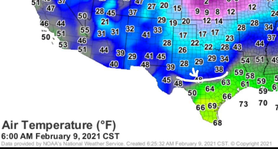 NWSSanAntonio's tweet photo. 6 am temps and location of the cold front. #txwx https://t.co/15tg0V2iu8