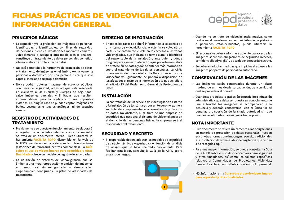 Renovamos las fichas de #videovigilancia 🎥 y #ProtecciónDeDatos ⤵

General:
aepd.es/sites/default/…
Vivienda:
aepd.es/sites/default/…
Garaje:
aepd.es/sites/default/…
Comunidad:
aepd.es/sites/default/… 
Establecimiento:
aepd.es/sites/default/… 
Trabajo:
aepd.es/sites/default/…