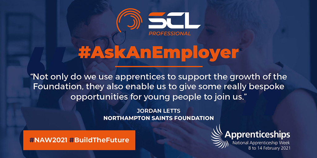 SCLeducation's tweet photo. In today’s #AskAnEmployer, we hear from Jordan at
@SaintsFdation to hear how together, we are utilising apprenticeships to #BuildTheFuture.
#NAW2021 #WeAreSCL @FireItUp_Apps https://t.co/qcfYrg7gtz