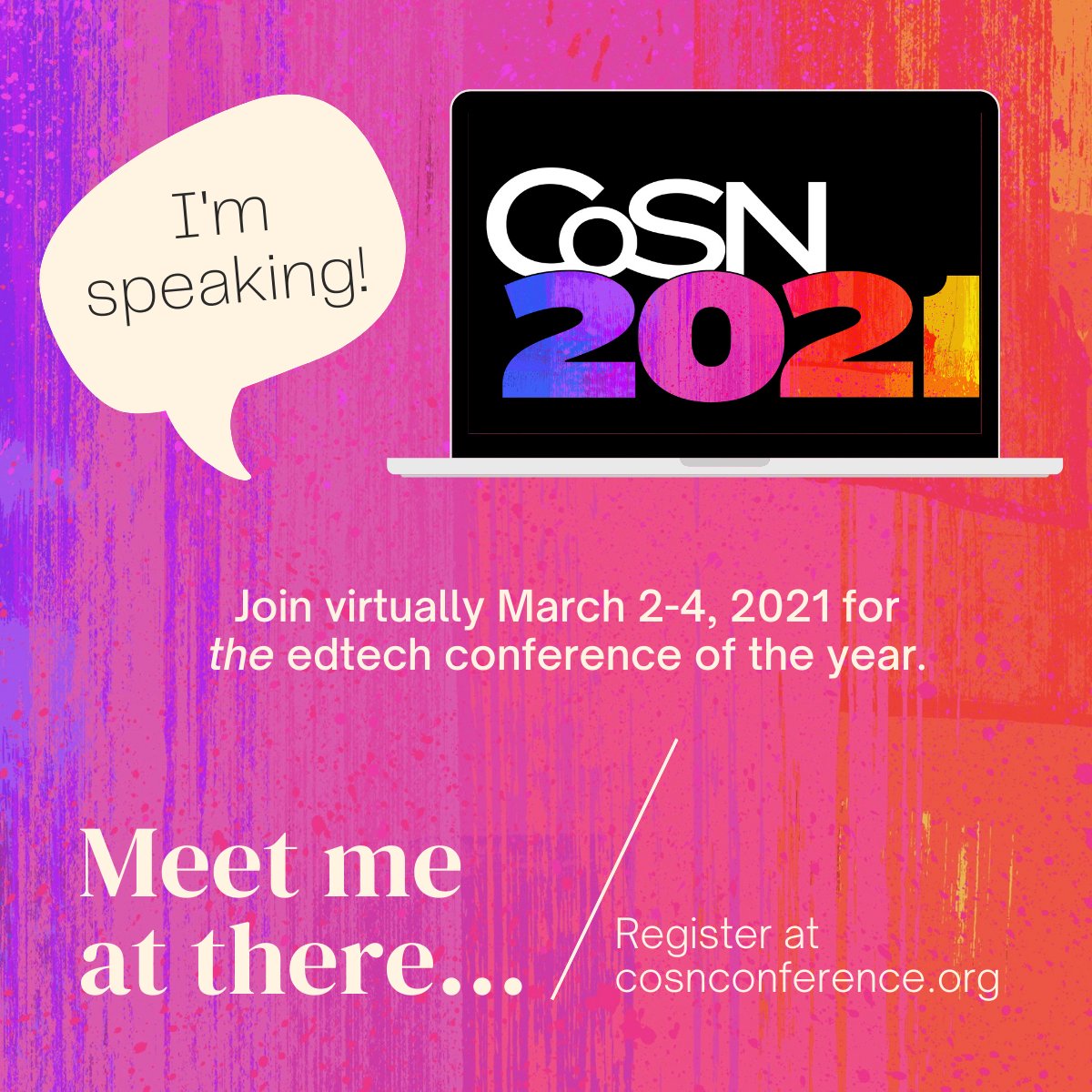 I'm speaking at #CoSN2021. :)
Together with <a href="/Jackson3Frankie/">frankie jackson</a> I'll be talking about the brand new #drivingk12innovation toolkit.