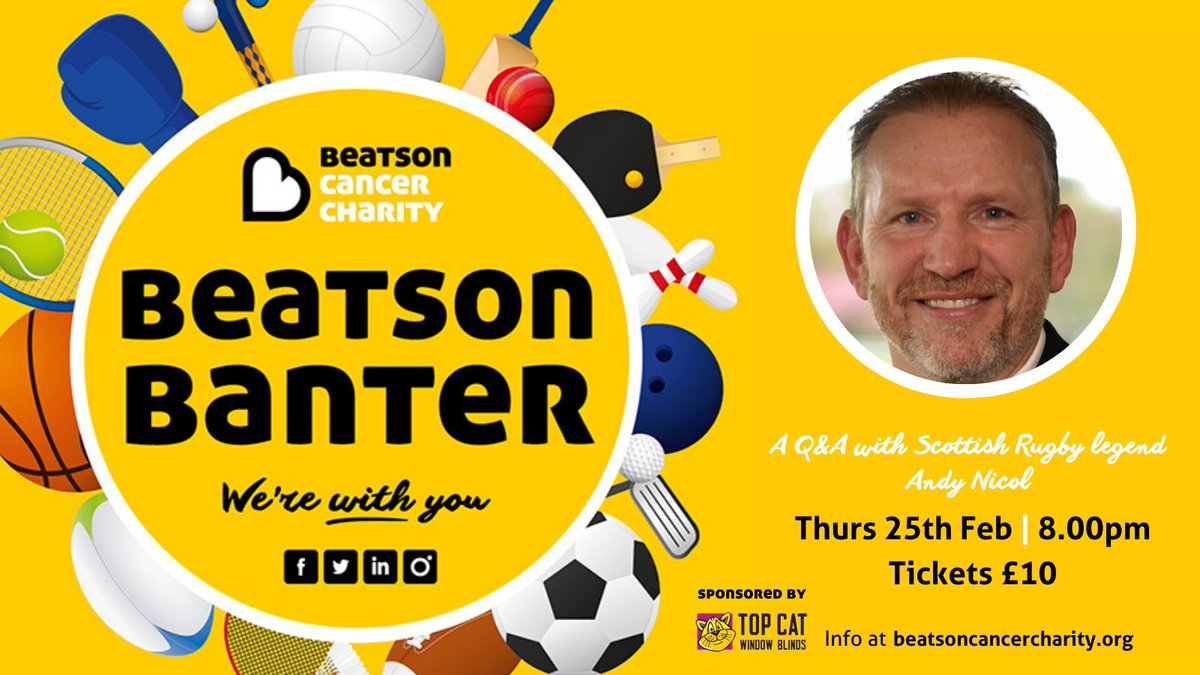 Beatson_Charity's tweet photo. 🏉 Former #ScottishRugbyUnion player @AndyNic9 kicks off the first #BeatsonBanter of 2021! 🏉

Andy won 23 Caps with Scotland over a 10 year career &amp; was captain when Scotland won the #CalcuttaCup in 2000!

More info &amp; tickets 👉 https://t.co/8YB2A56IJW.

Sponsor:@TopCatBlindsLtd https://t.co/EprJqimnuM