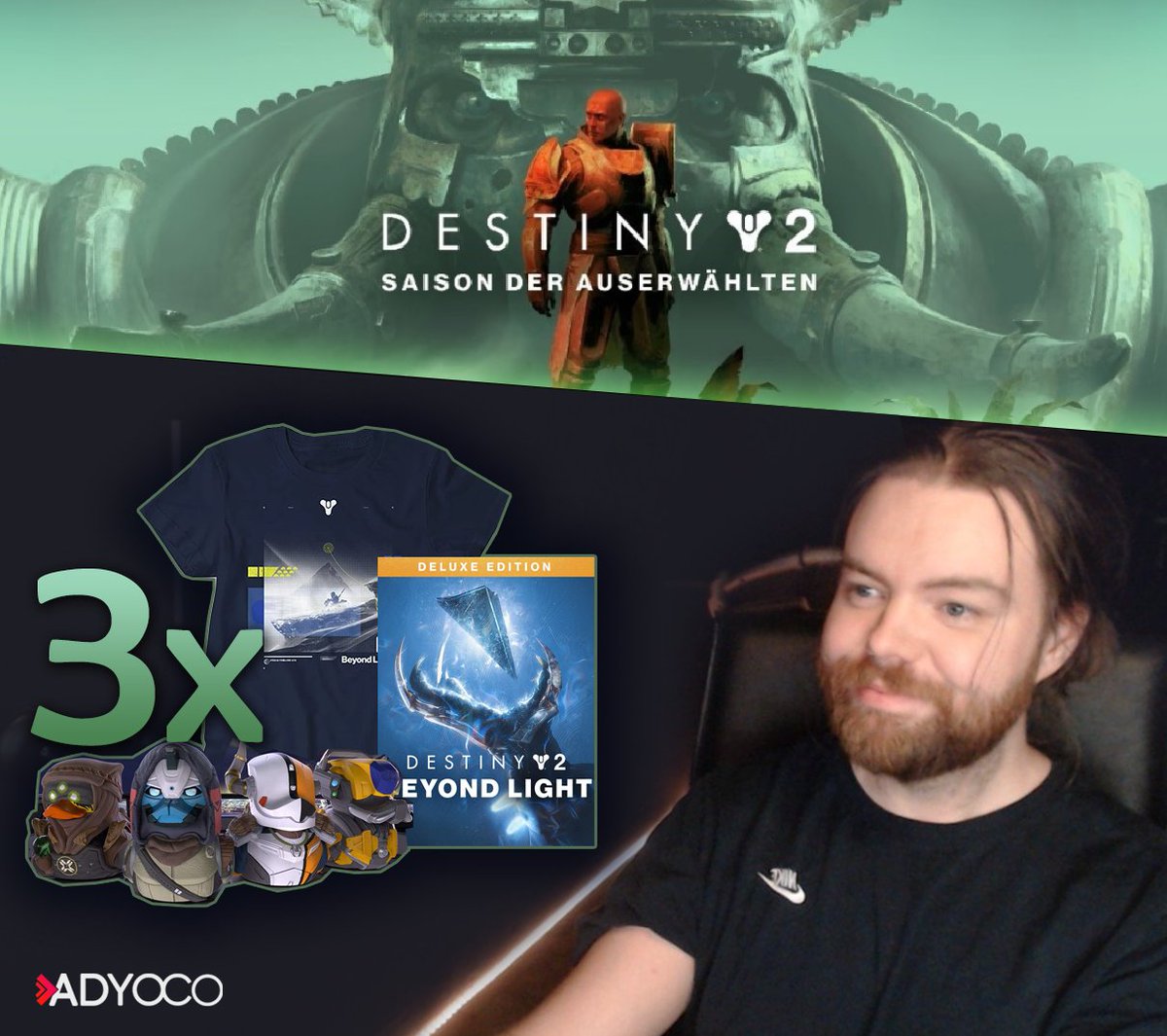 Adyoco_com's tweet photo. ᵂᴱᴿᴮᵁᴺᴳ
Aufgepasst #Destiny Fans: @wwwzirotv ist passend zum Start der neuen @DestinyTheGame "Saison der Auserwählten" zurück!

Mit im Gepäck 3 große Fanpakete: D2 Beyond Light Deluxe Version uvm! Ab heute Abend live auf https://t.co/VrEHlgQ2ck

@Marchsreiter @Bungie_DE https://t.co/7EDBvMlVTy