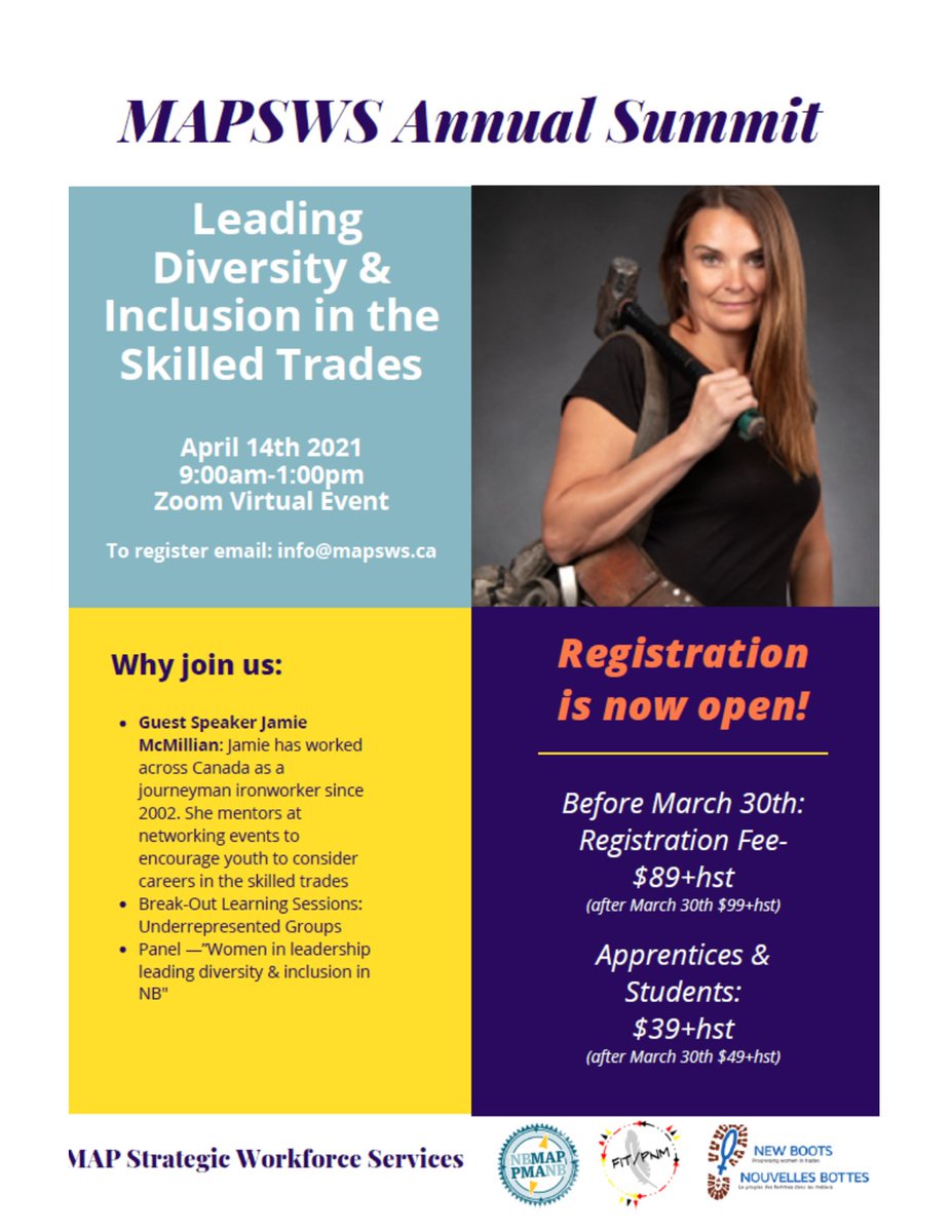 nbmap's tweet photo. Join us on Wednesday, April 14th for our MAP Strategic Workforce Services Annual Summit Virtually this year. We - Leading Diversity &amp; Inclusion in the skilled trades in NB! #learningopportunity #skilledtrades #NBProud https://t.co/HpgipQ2Ej0