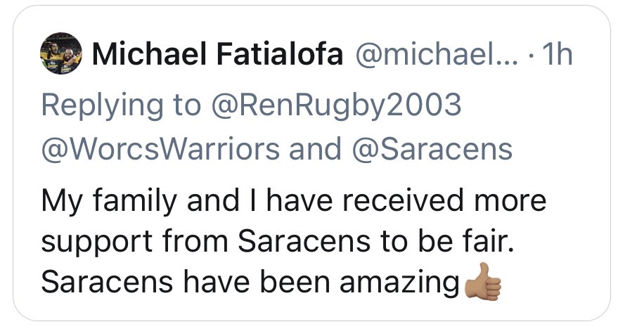 @RugbySaracens @WorcsWarriors But great to see that @Saracens have been doing the right thing. Despite everything that’s happened, it’s insights like that which remind me what a family approach really means #TogetherSaracens