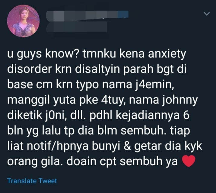 nctzenbase's tweet photo. neozen

Korban untuk satu kesalahan yg harmless tapi berubah jd HARM buat dirinya sendiri krn ketikan salty klian. Dia nctz juga loh, aku ga nyangka kl beneran ada korban dr ketikan jahat klian. Kl udh kyk gini, klian msh ga ngerasa bersalah? Sumpah, ini cuma ketikan  (cont..) https://t.co/6SZq3KHF7E