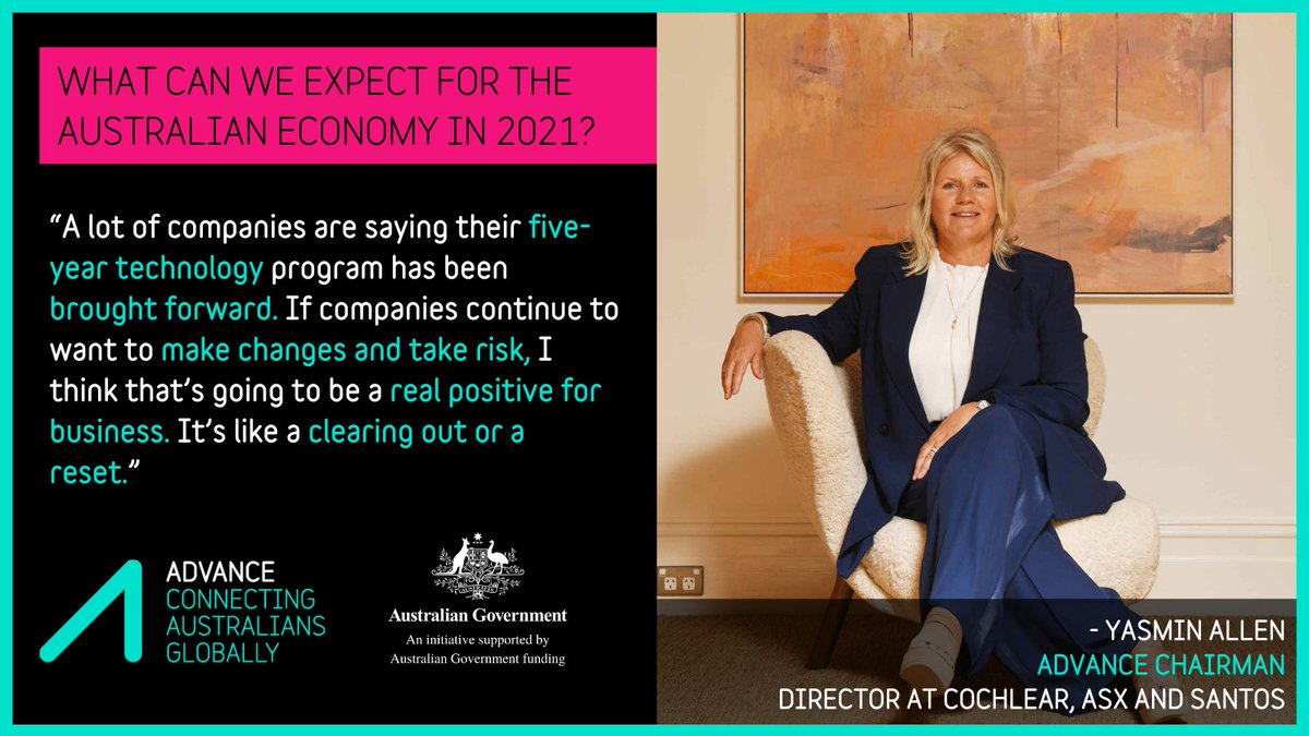 #FutureofWork | Advance Chairman, <a href="/allen_yasmin/">Yasmin Allen</a>, shares her insight along with directors from Australian largest corporations about what we can expect for the Australian economy in 2021.
...
Read the <a href="/FinancialReview/">Financial Review</a> article > bit.ly/36BQZpQ 
...
#bornglobal