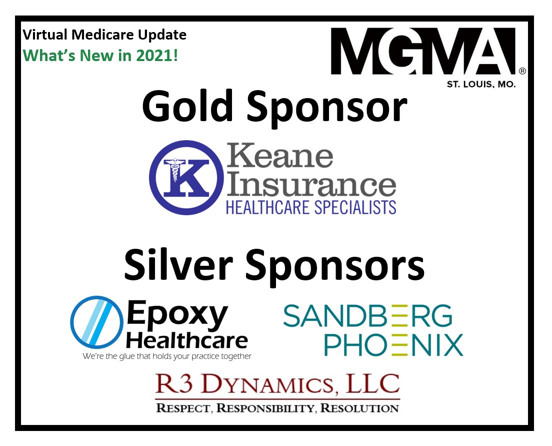 LAST DAY TO REGISTER!
Don't miss the Virtual Medicare Update - What's New In 2021

Wednesday, Feb 10
8:30 AM - 12PM
Earn 2.5 AAPC CEU's!

Sign-up at: mgmastl.org/event/2021Medi…

Thanks to <a href="/MGMASTL/">Greater St. Louis MGMA</a> Medicare Update #Sponsors <a href="/KeaneGroup/">Hilb Healthcare, formerly Keane Insurance Group</a> #EpoxyHealth, <a href="/SandbergPhoenix/">Sandberg Phoenix</a>, &amp;  #R3Dynamics