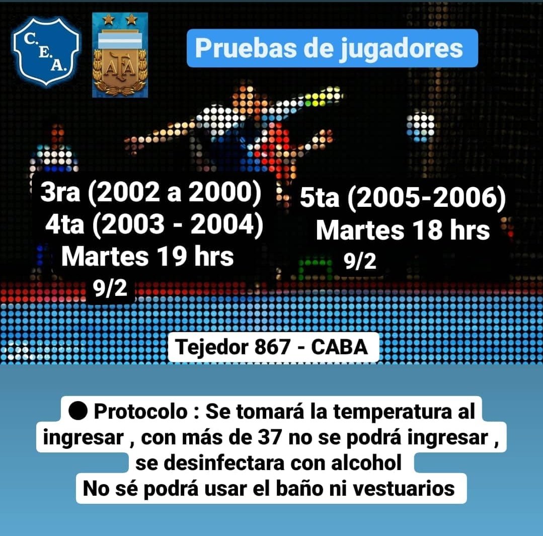 Hoy prueba de jugadores para 3ra , 4ta y 5ta división,  recordar los protocolos de seguridad y distanciamiento .

Los esperamos !!
#FutsalAFA #TodoEstrada
