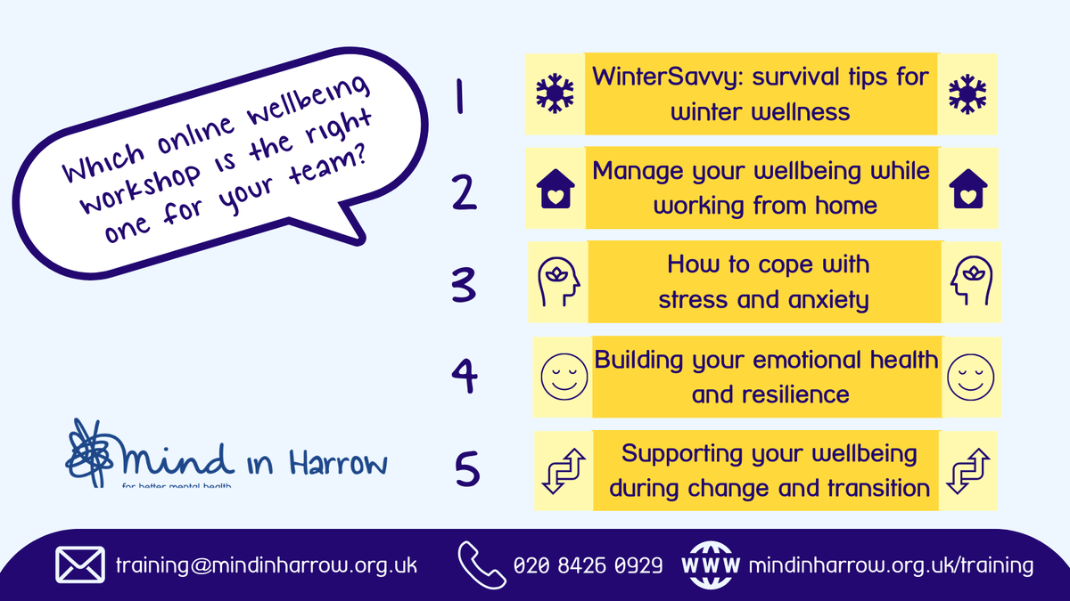 hanlie_burger's tweet photo. Our feedback from online workshops shows that currently, more than ever, we need extra help to manage our wellbeing while working from home, juggling family &amp; work, feeling anxious or low or struggling with winter. Email us to find out how we can help:training@mindinharrow.org.uk https://t.co/1JNrLNDjKT
