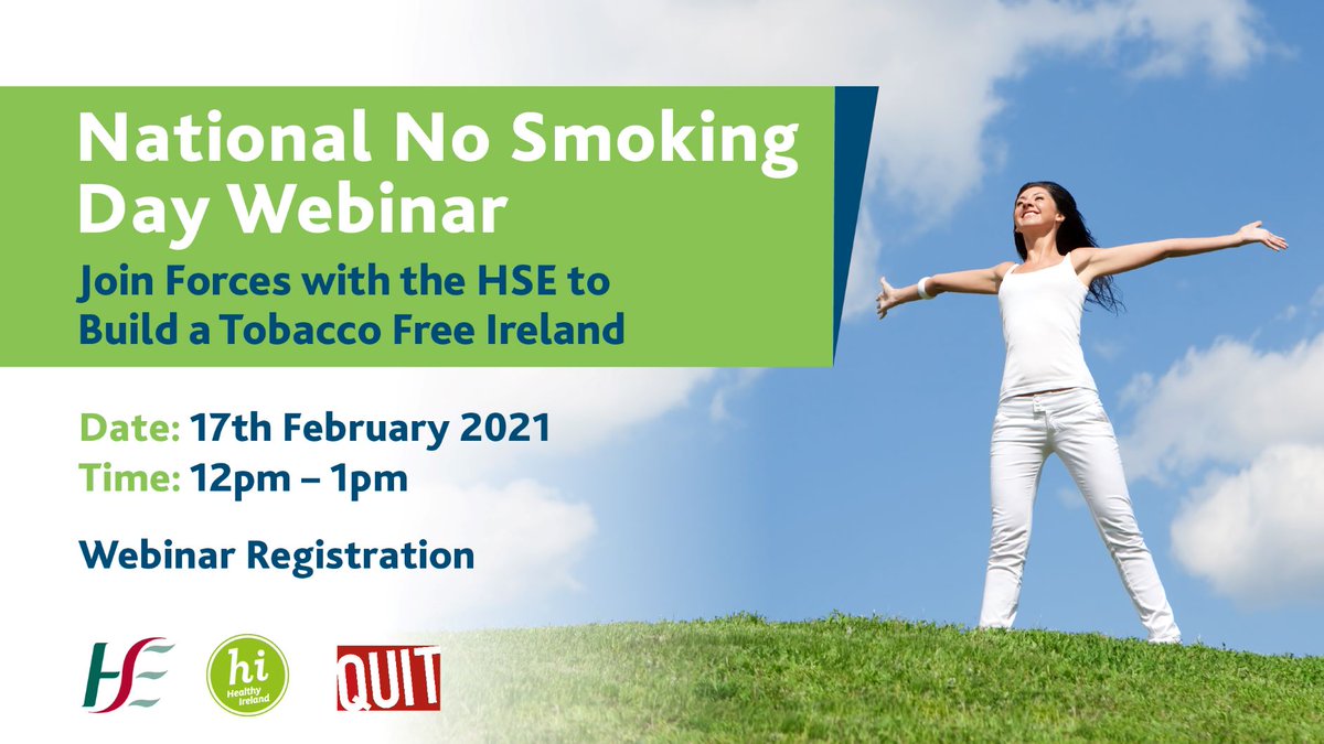 You are invited to our National No Smoking Day Webinar on the 17th Feb. Please help us spread the word about #QuittingisWinning and how you can join forces with the <a href="/HSELive/">HSE Ireland</a> to build a Tobacco Free Ireland. Webinar registration: bit.ly/3p227D6 #KeepWell