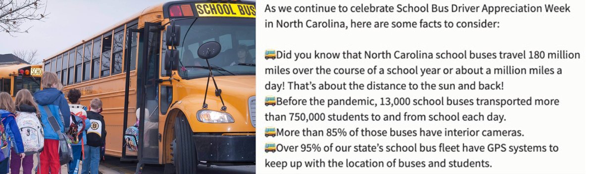 ncpublicschools's tweet photo. Thank you to our school bus drivers for being #OurNCSchoolHeroes! We appreciate your dedication and commitment to your school communities. #LoveTheBus #SchoolBusDriverAppreciationWeek https://t.co/vTmd0Z7c2h