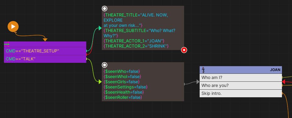 Dialogues in the standard sense are just parts of a mission, and I define proper dialogues as flows distinct from those used for defining missions. Again there also for proper dialogues I use different commands to distinguish “setup” and the actual talking, see image: