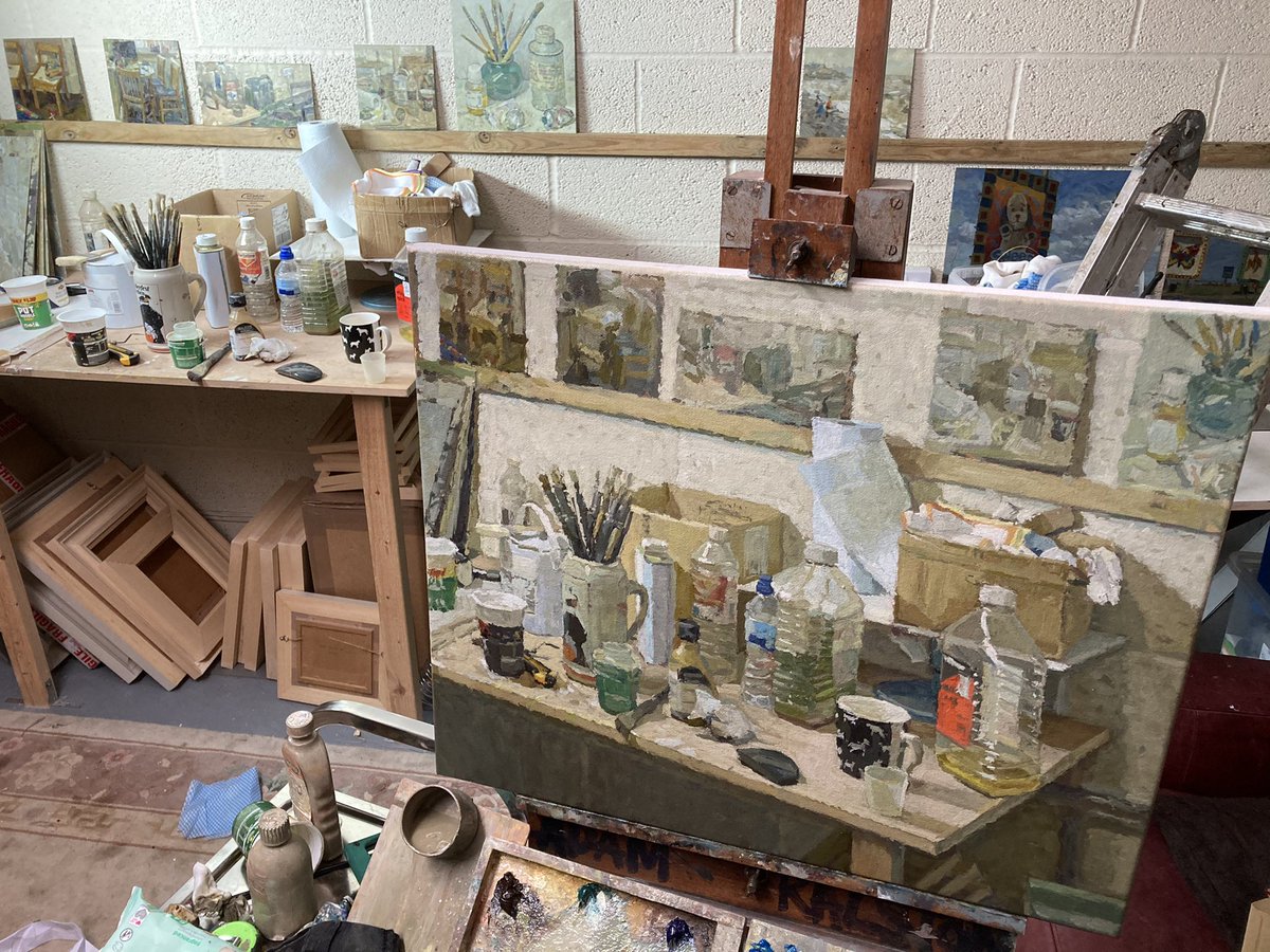 Worktop table with morso and roller bottom right, and frames under table. Pot noodles and turps with sock hanging out cardboard box #britishartist #observationalart #studiopainting #impressionism #stilllifepainting
