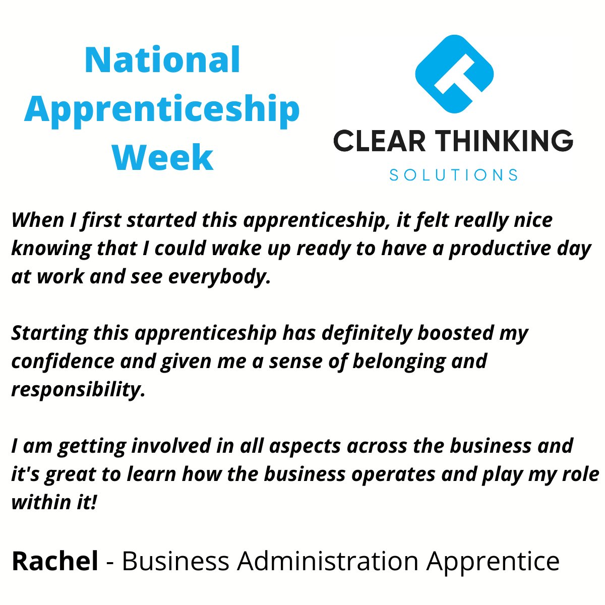 ClearThinkingS1's tweet photo. We have long supported the value that apprenticeships brings to Clear Thinking as a business. 

With it being National Apprenticeship Week we thought we would introduce you to our latest apprentice, Rachel.

#NationalApprenticeshipWeek #NationalApprenticeshipWeek2021 https://t.co/EafA9mFrWr