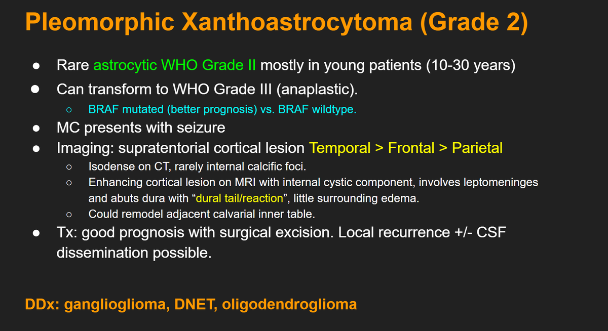 amychenvais's tweet photo. PXA! Dural tail/reaction🐒 is the big clue for the diagnosis over other cortical based lesions such as gangliglioma and DNET. These are WHO Grade II tumors that most commonly present as seizures in young people. Remember they can disseminate in CSF!🧠 https://t.co/dmPhJN7j92