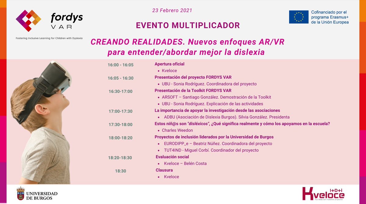 fordysvar's tweet photo. Hoy @fordysvar en @UBUEstudiantes con motivo del Evento "Creando realidades. Nuevos enfoques AR/VR para entender/abordar mejor la dislexia" que se realizará el 23 de febrero online a las 16:00h.
🌐 https://t.co/J4NJ91op30
¿Te lo vas a perder?
Inscríbete: https://t.co/Dinw8UvmTO https://t.co/ILn1PTOFSZ