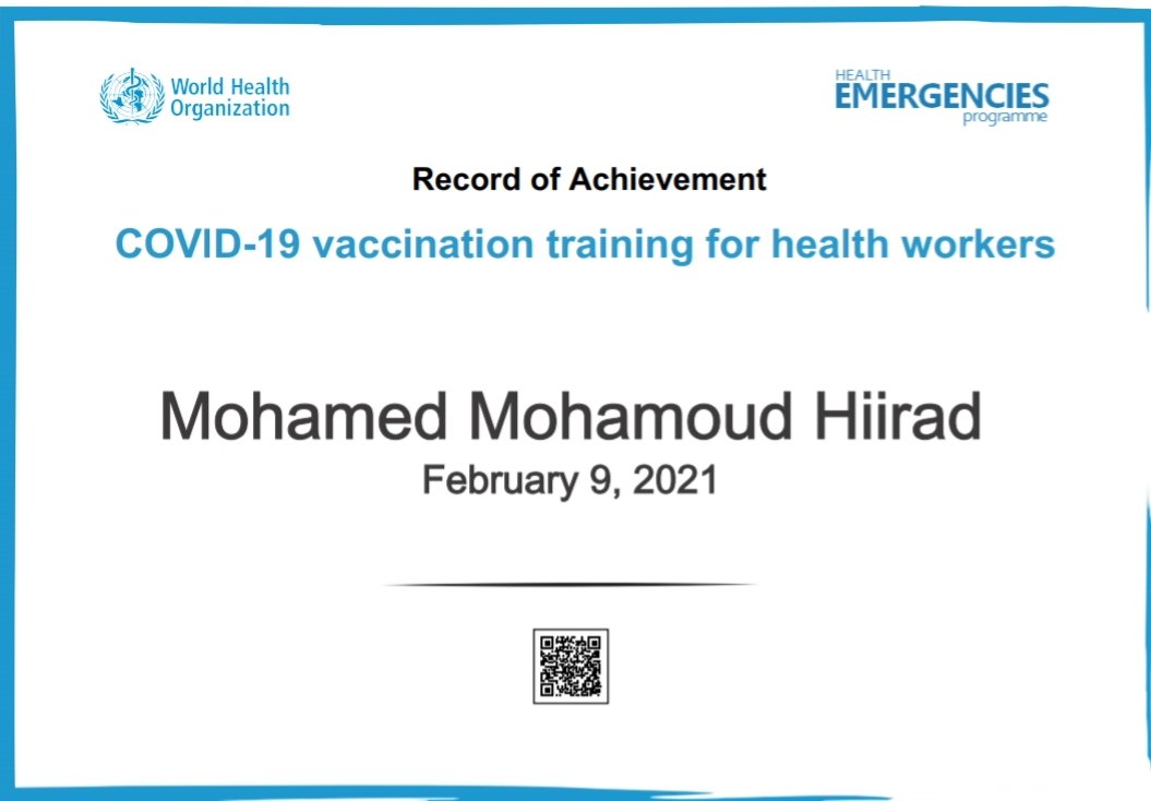 M_Hiirad's tweet photo. #Successfully attended and Completed Training on “COVID-19 VACCINATION TRAINING FOR HEALTH WORKERS” offered by the #WHO.
In #Somalia, we are expecting to receive COVID-19 Vaccine by the end of this Month according to MoH Somalia and WHO/UNICEF
@MoH_Somalia 
@WHO https://t.co/7LUIgSPnaR