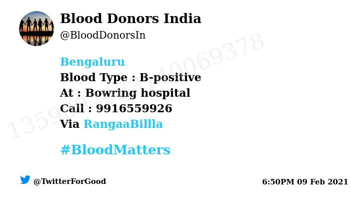 #Bengaluru
Need #Blood Type :  B-positive
At : Bowring hospital 
Blood Component : Blood
Number of Units : 2
Primary Number : 9916559926
Via: <a href="/RangaaBillla/">Puncturewalaaa</a>
#BloodMatters
Powered by Twitter