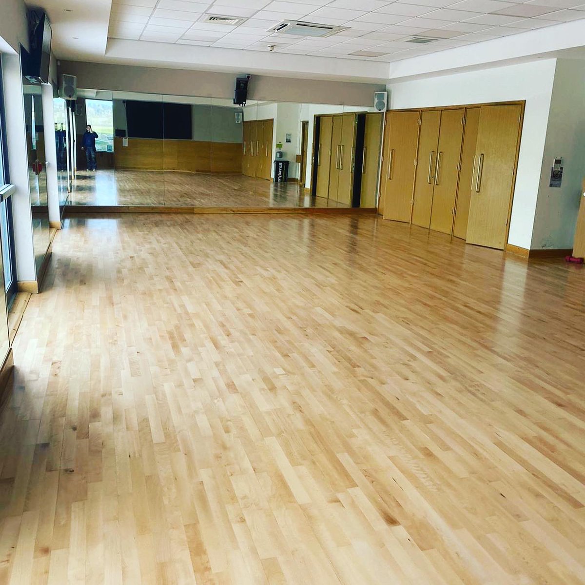 Studio flooring installation this week on a cradle system with a lacquered finish.  We are keeping gyms fresh and clean in preparation for opening as soon as they can.