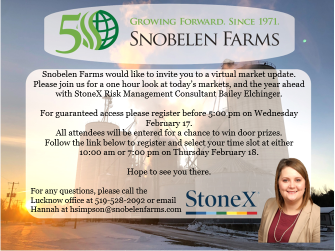 SnobelenGrain's tweet photo. Register now by clicking the link below for our virtual market update with StoneX @BaileyElchinger on Thursday February 18, 2021
https://t.co/RkKZXJzPFk https://t.co/8KqOEAnaMX