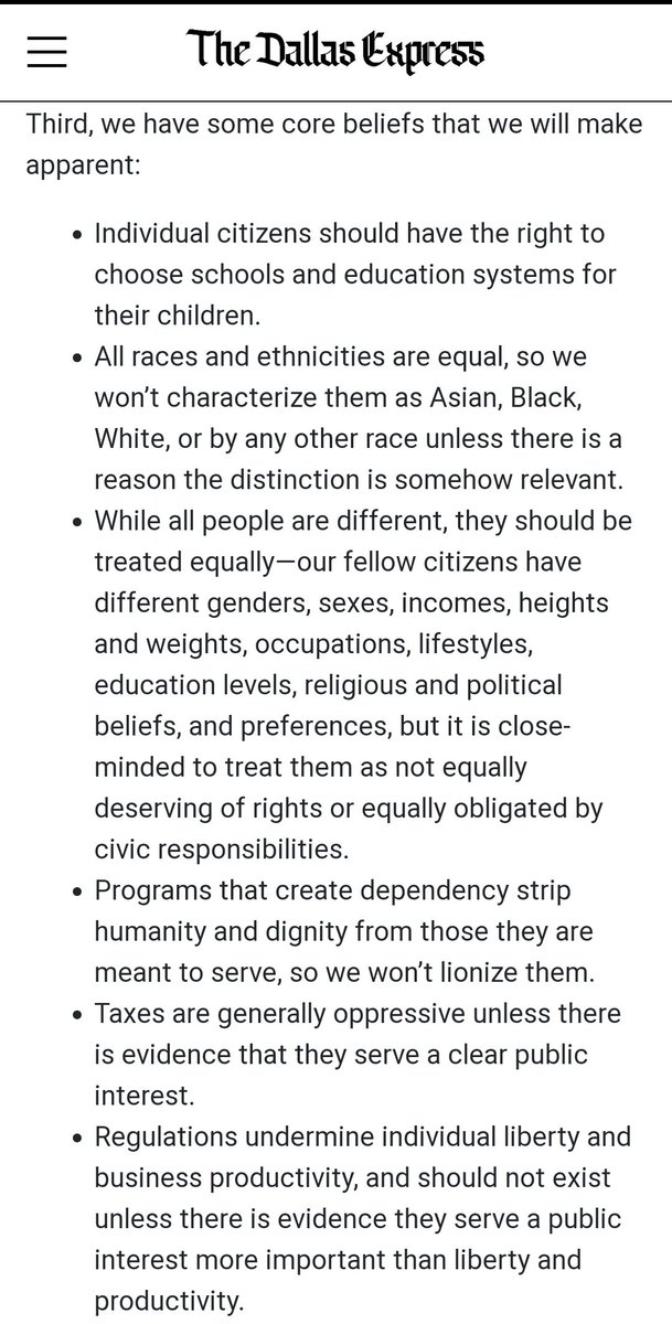 Dallas Express claims to present an objective perspective on Dallas news. This is then immediately contradicted by their statement of values, which are all based on highly conservative assumptions and beliefs.(4/1)