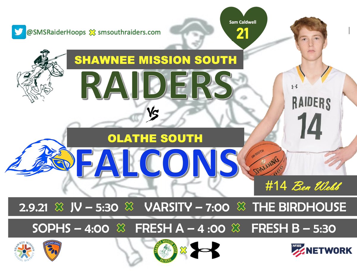 SMSRaiderHoops's tweet photo. #GAMEDAY
🆚 Olathe South Falcons
📍 The Birdhouse - OSHS
🌻 League Game
🕰 JV - 5:30▪️Varisty-7:00
Soph-4:00▪️FrA-4:00▪️FrB-5:30
🎟 Approved Fans Only🦠
🖥 NFHS Network
Follow @SMSRaidersAD & @SMSouthTDain for updates!
#RaidersNation🔰#Southside
💚#FlyHigh21💛 https://t.co/Sc6LLSDJW2