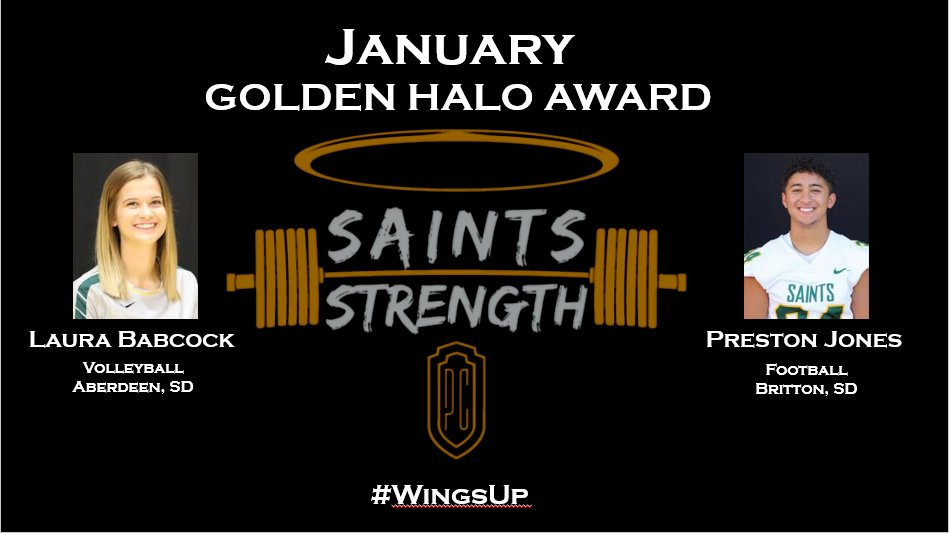 January Golden Halo Award!!!
This award goes to one male and one female across all sports teams who show great effort, energy and are great teammates day in and out in the weight room. 

Congrats to Laura Babcock of @PCVolleyball and Preston Jones of <a href="/PCSaintFootball/">Presentation Football</a> #WingsUp