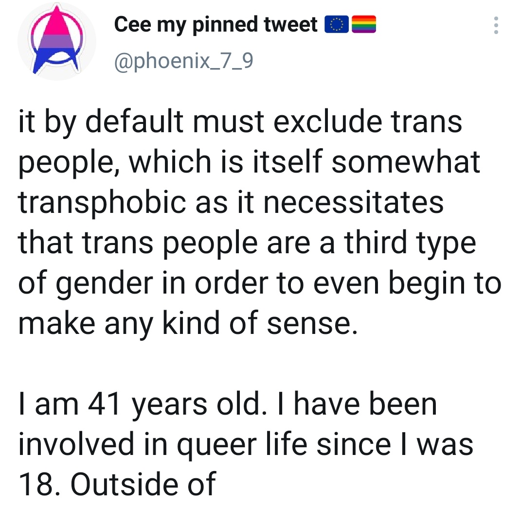 A couple of additions. First, I was a little clumsy here. Third was a bad choice of words, as obviously there are way more than two genders. I should have gone with "necessitates that trans people are an Other in order to...".