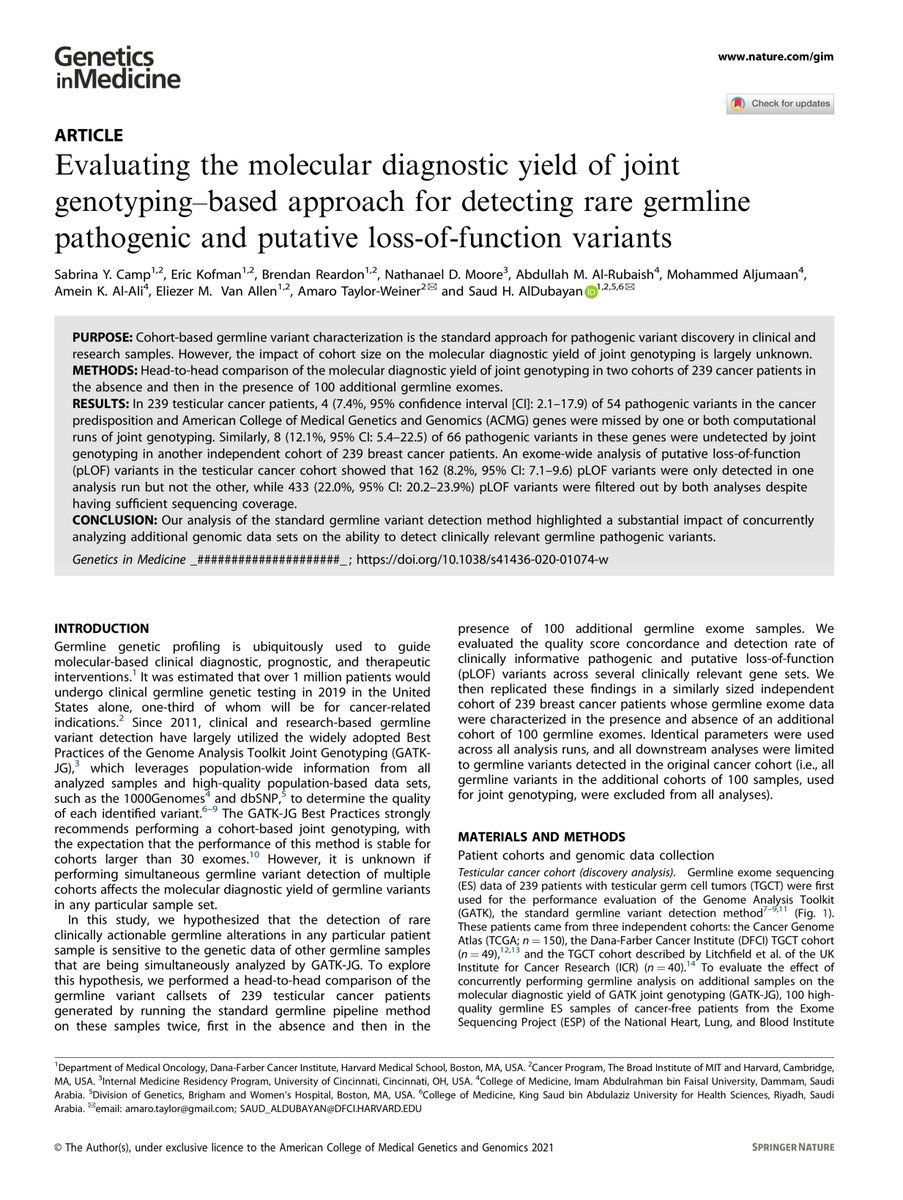 Saud AlDubayan, M.D. د.سعود الدبيان (@s_aldubayan) on Twitter photo Great to see our study on germline joining genotyping (JG), spearheaded by the rising superstar <a href="/sabrinaycamp/">Sabrina Camp</a>, out in <a href="/GIMJournal/">Genetics in Medicine</a>!
Here is a quick summary of the main findings and some conclusions on this commonly used approach
#CancerResearch
@amarotaylorw
<a href="/VanAllenLab/">Eli Van Allen</a>
1/n Great to see our study on germline joining genotyping (JG), spearheaded by the rising superstar <a href="/sabrinaycamp/">Sabrina Camp</a>, out in <a href="/GIMJournal/">Genetics in Medicine</a>!
Here is a quick summary of the main findings and some conclusions on this commonly used approach
#CancerResearch
@amarotaylorw
<a href="/VanAllenLab/">Eli Van Allen</a>
1/n
