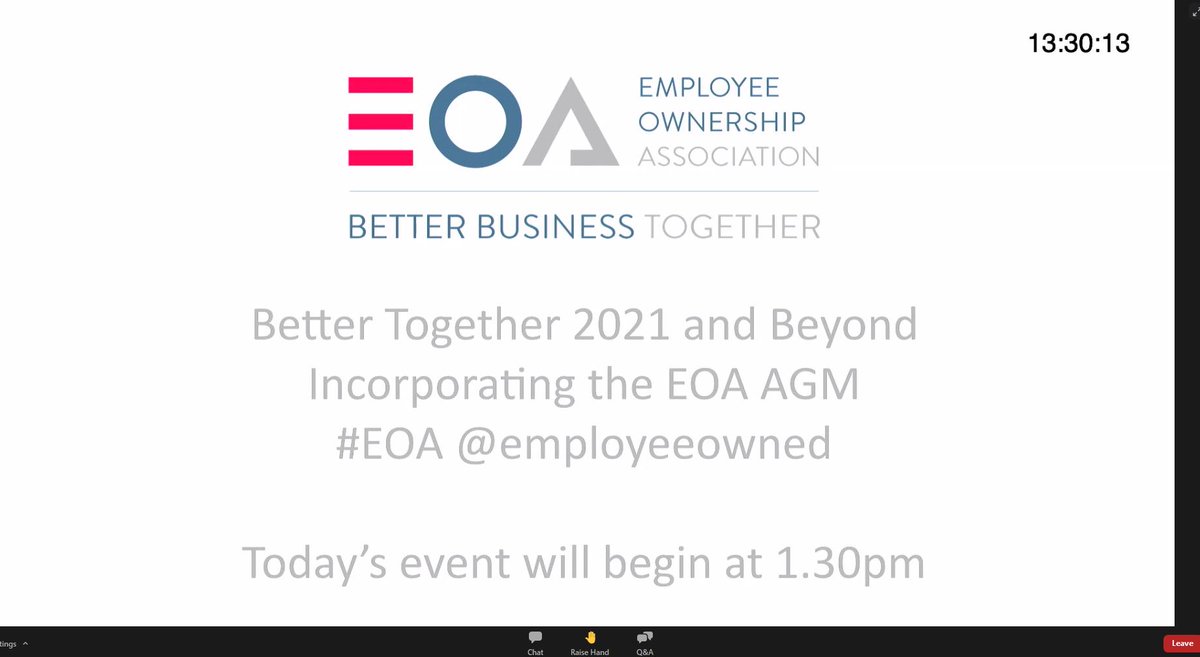 EmployeeOwned's tweet photo. We're now going live with Better Together: 2021&amp; Beyond, a session incorporating the EOAs AGM. We can't wait to see and hear from our members and supporters joining us this afternoon. #EmployeeOwned #EmployeeOwnership #EOIsTheAnswer #BetterTogether https://t.co/Znf4GFOW0l